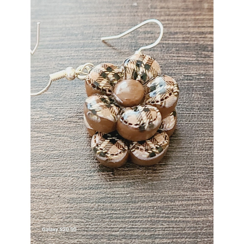 Brown Plaid Flower Drop Earrings Floral Dangle Silver Tone Fishhook Handcrafted